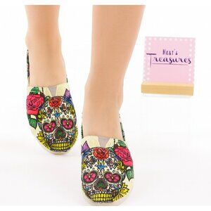 Groove Bags SUGAR SKULL & Roses Colorful Canvas Slip On Flats Shoes Sz 8.5 EU 40